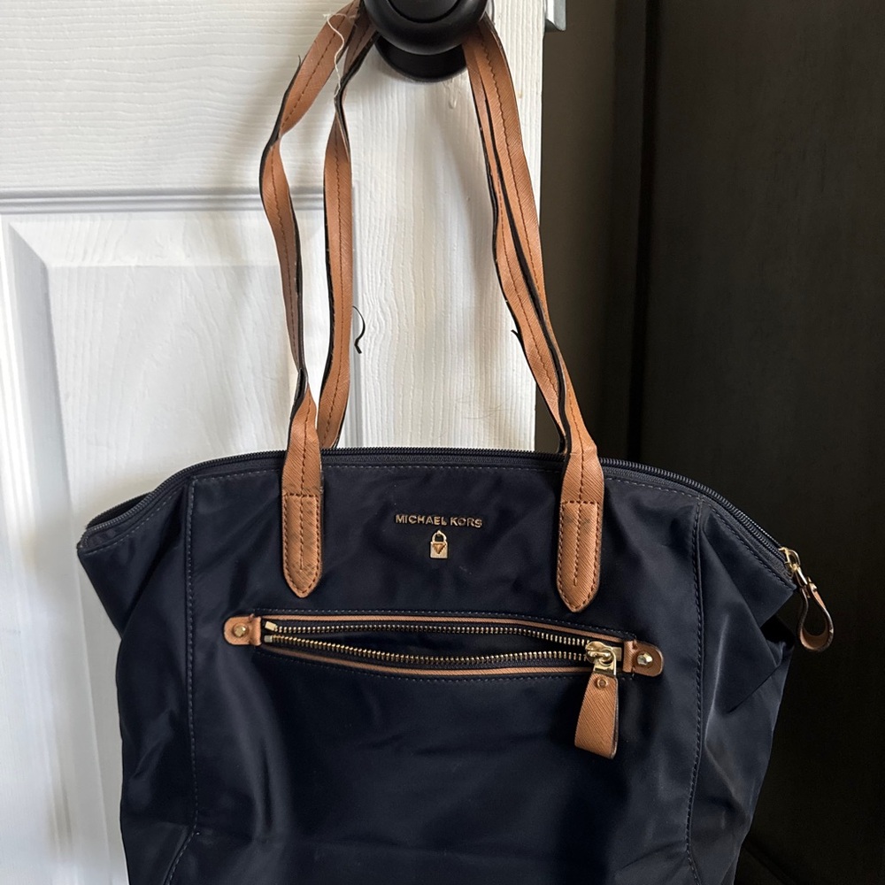 Michael Kors Kelsey Navy Tote with Brown Accents